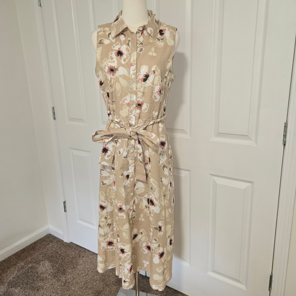 Tommy Hilfiger Shirt Dress Womens 10 Tan Floral Sleeveless Cotton Midi Belted